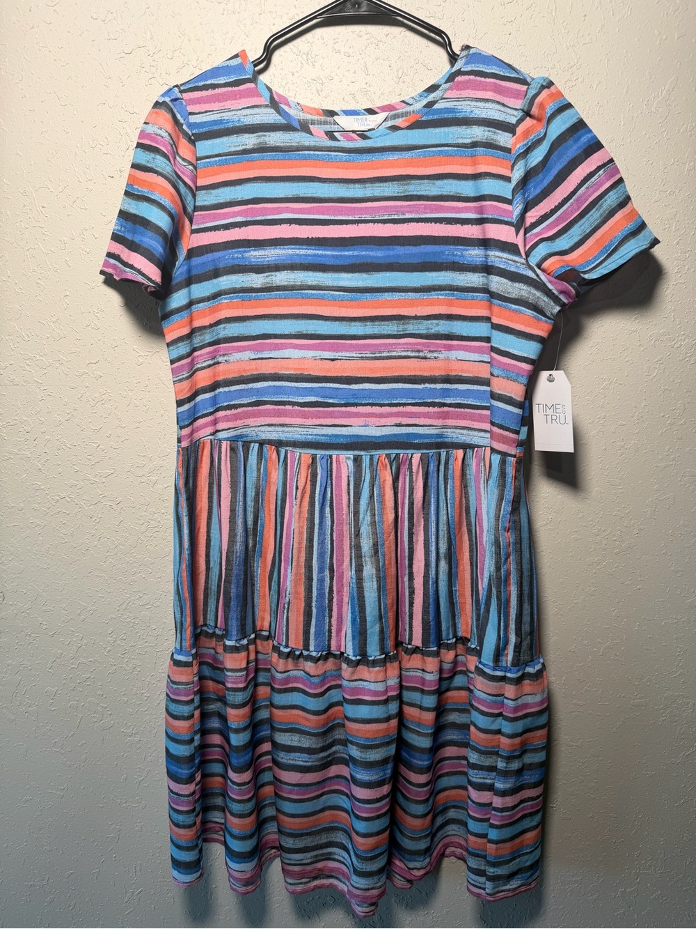 Time and Tru Girls' Blue Pink Coral Black Striped Tiered Dress